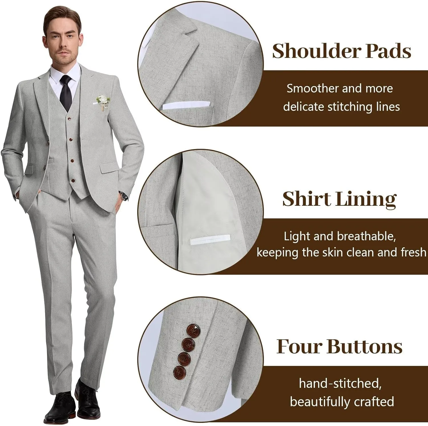 High-End Suits Retro Linen Suit for Men Casual Wedding Suit for Men Slim Fit 3 Pieces Jacket Blazer Vest Pant Groom Tuxedo