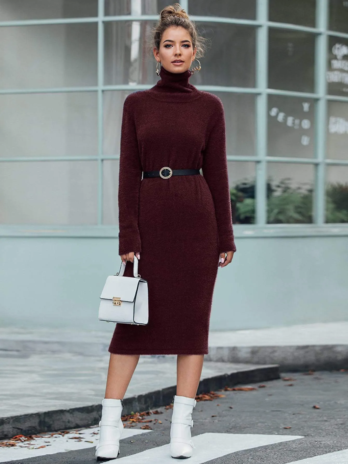 High Neck Solid Jumper Dress Without Belt