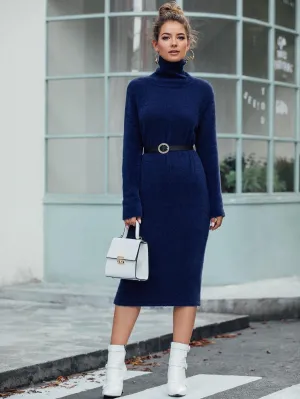 High Neck Solid Jumper Dress Without Belt