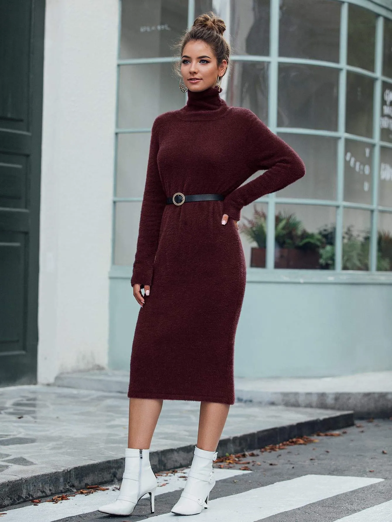 High Neck Solid Jumper Dress Without Belt