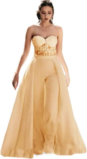 Honeydress Women's Strapless Sweetheart Jumpsuit Prom Dress with Waist Cloak Pants Wedding Dress