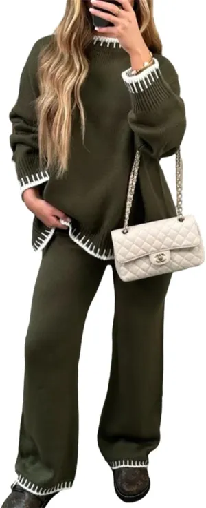 HOULENGS Women's Casual 2 Piece Sweater Sets Long Sleeve Pullover Tops and Wide Leg Pants Loungewear Tracksuits