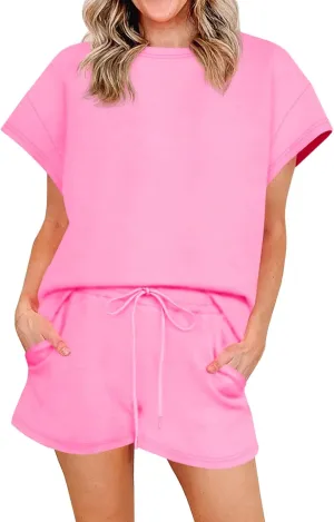 Imily Bela Womens 2 Piece Lounge Sets Summer Short Sleeve Tops and Shorts Set Airport Travel Outfits