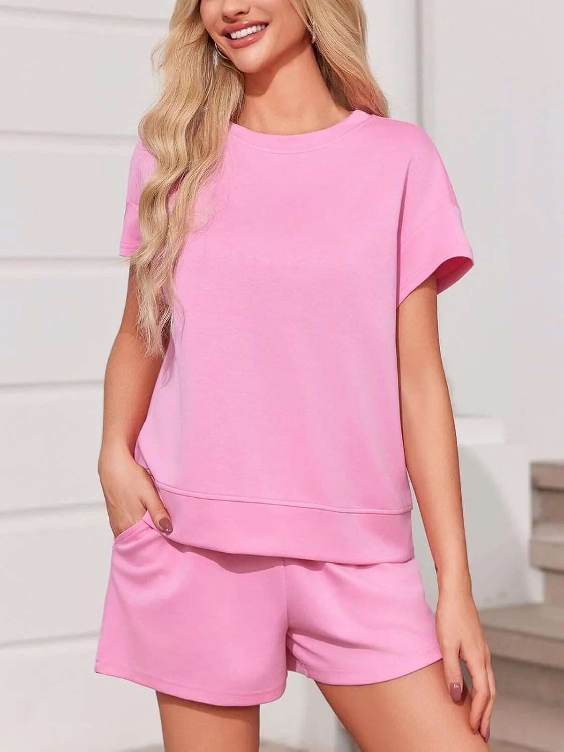 Imily Bela Womens 2 Piece Lounge Sets Summer Short Sleeve Tops and Shorts Set Airport Travel Outfits