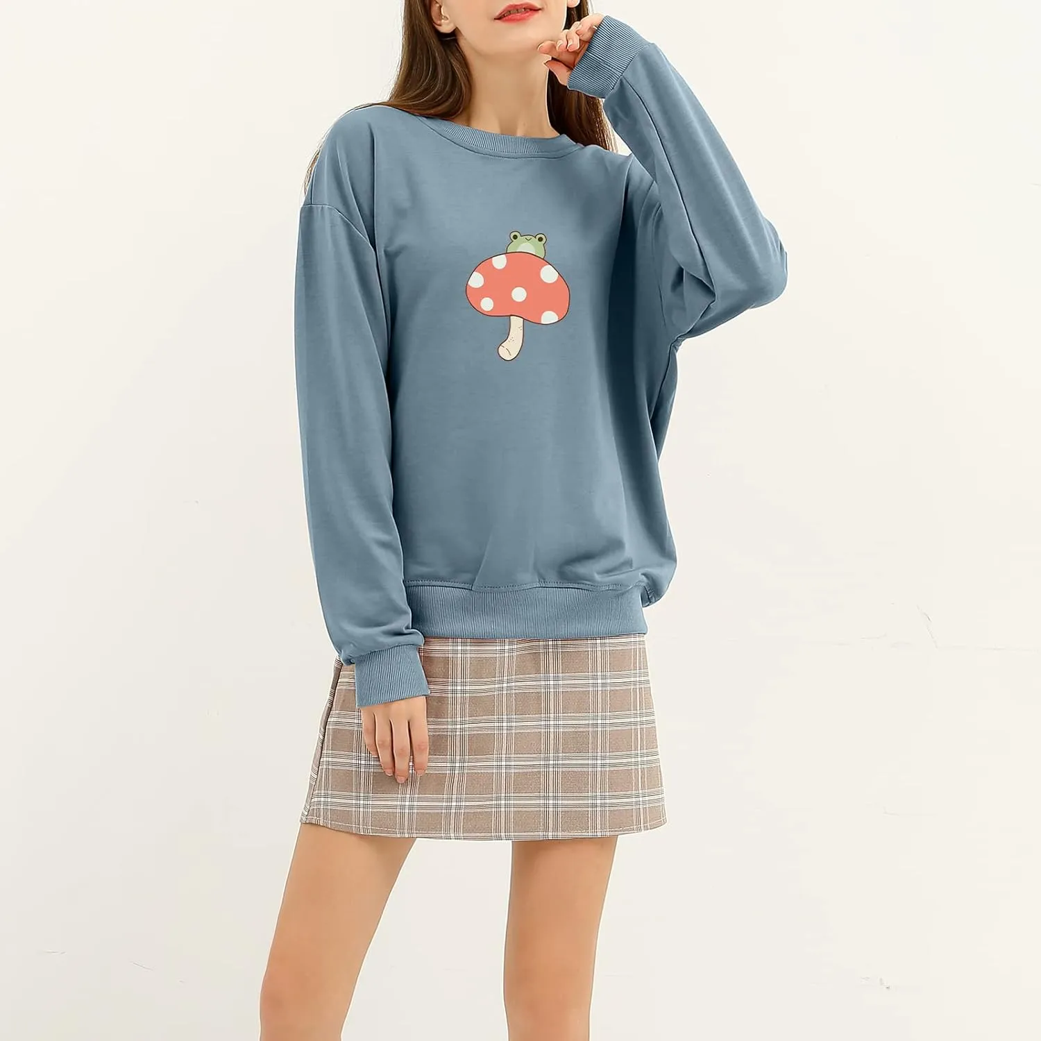 KEEVICI Cute Frog Sweatshirts for Teen Girls Kawaii Mushroom Hoodie Green Sweater Oversized Crewneck Cotton Pullover Tops
