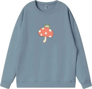 KEEVICI Cute Frog Sweatshirts for Teen Girls Kawaii Mushroom Hoodie Green Sweater Oversized Crewneck Cotton Pullover Tops