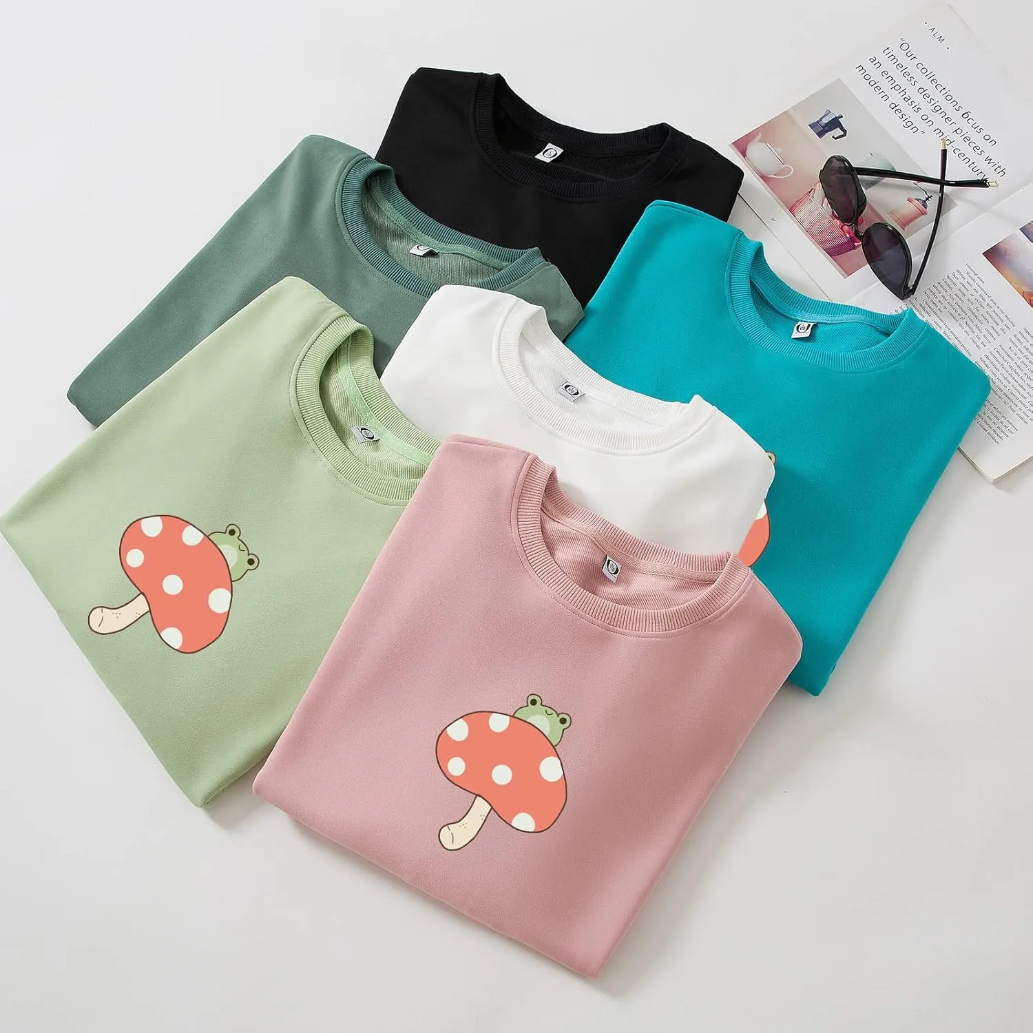 KEEVICI Cute Frog Sweatshirts for Teen Girls Kawaii Mushroom Hoodie Green Sweater Oversized Crewneck Cotton Pullover Tops