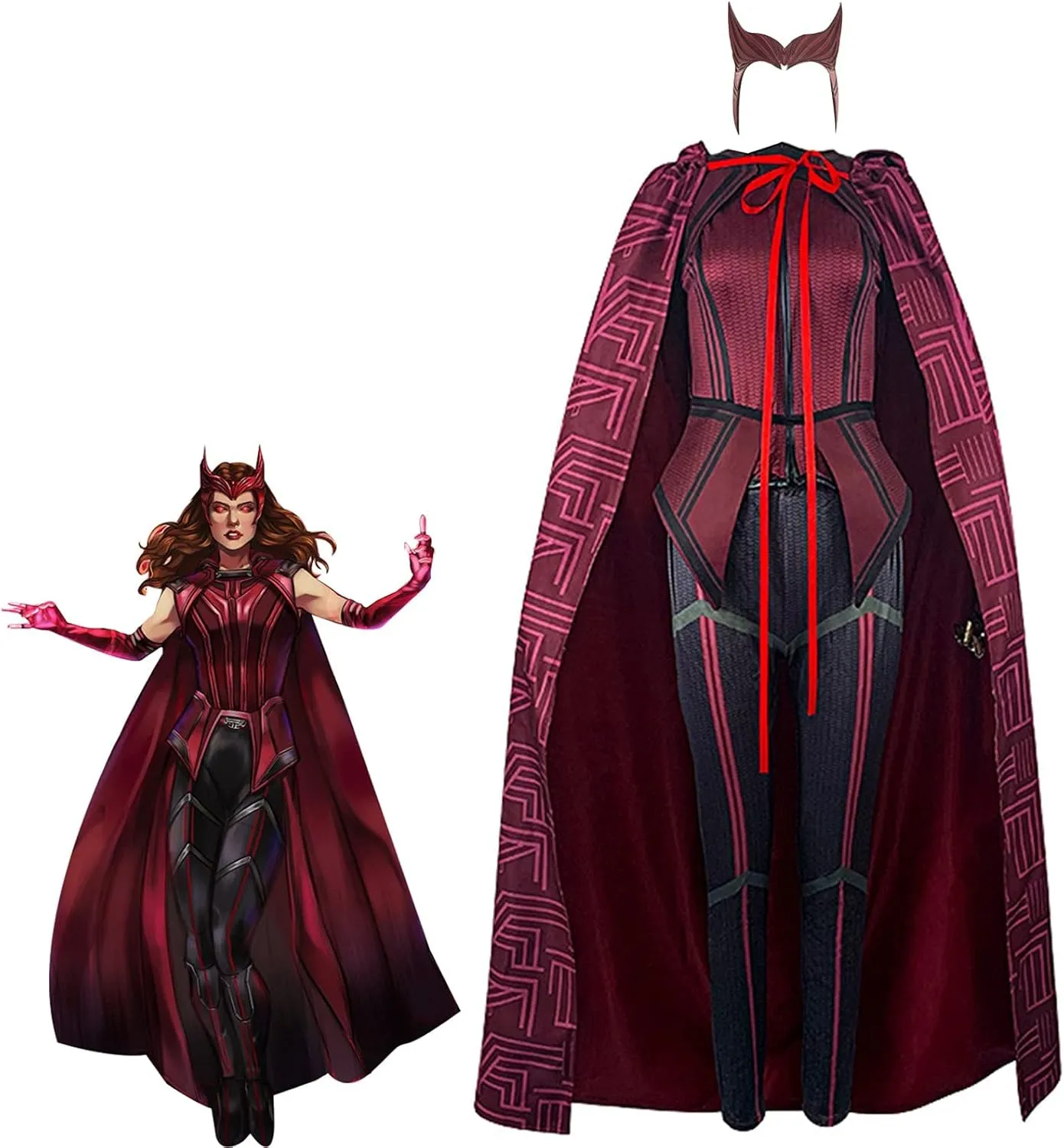 Kuberas Wanda Maximoff Costume Scarlet Witch Cosplay Costume Hooded Cloak Scarlet Witch Headpiece Halloween Outfits