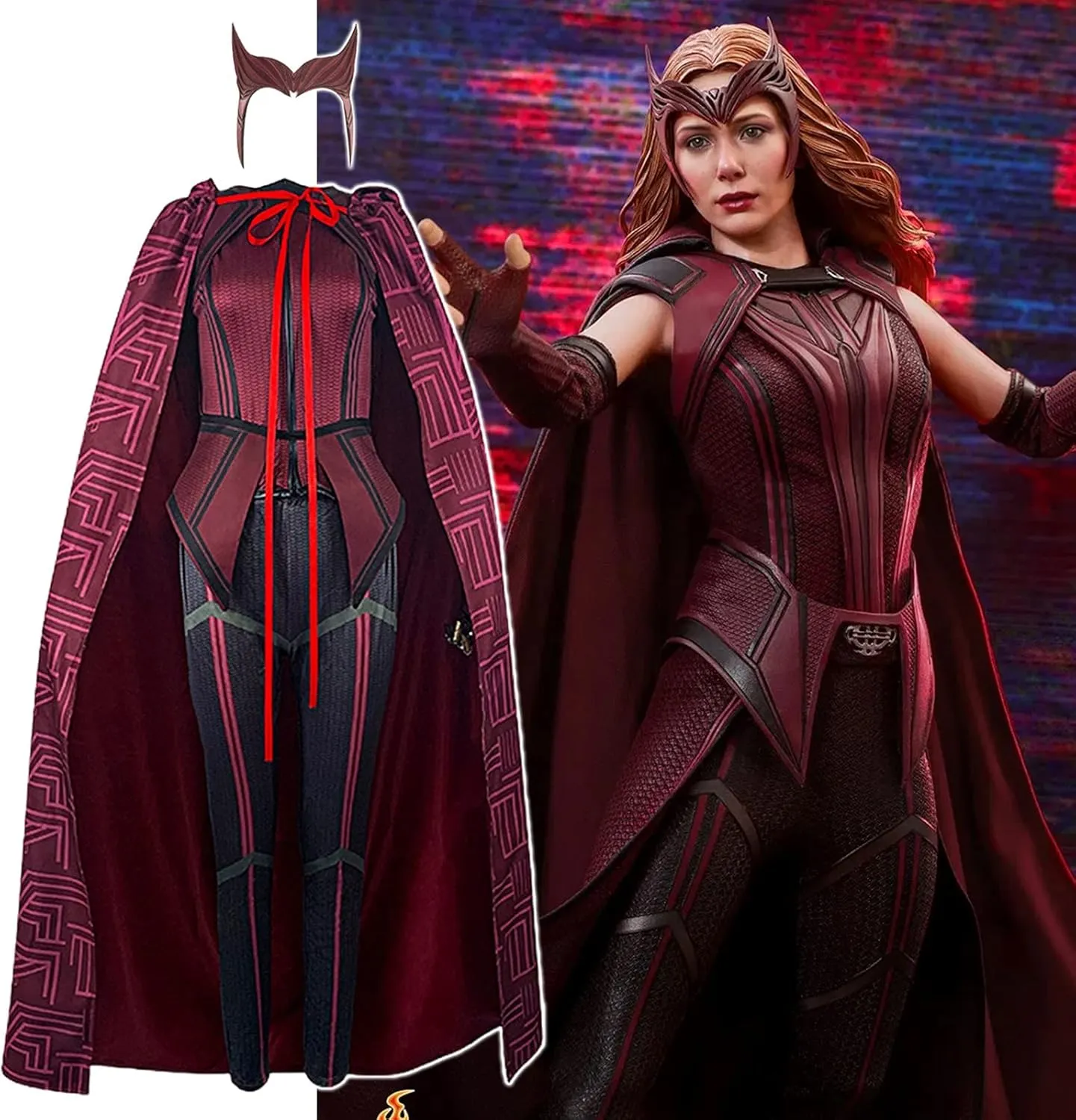 Kuberas Wanda Maximoff Costume Scarlet Witch Cosplay Costume Hooded Cloak Scarlet Witch Headpiece Halloween Outfits