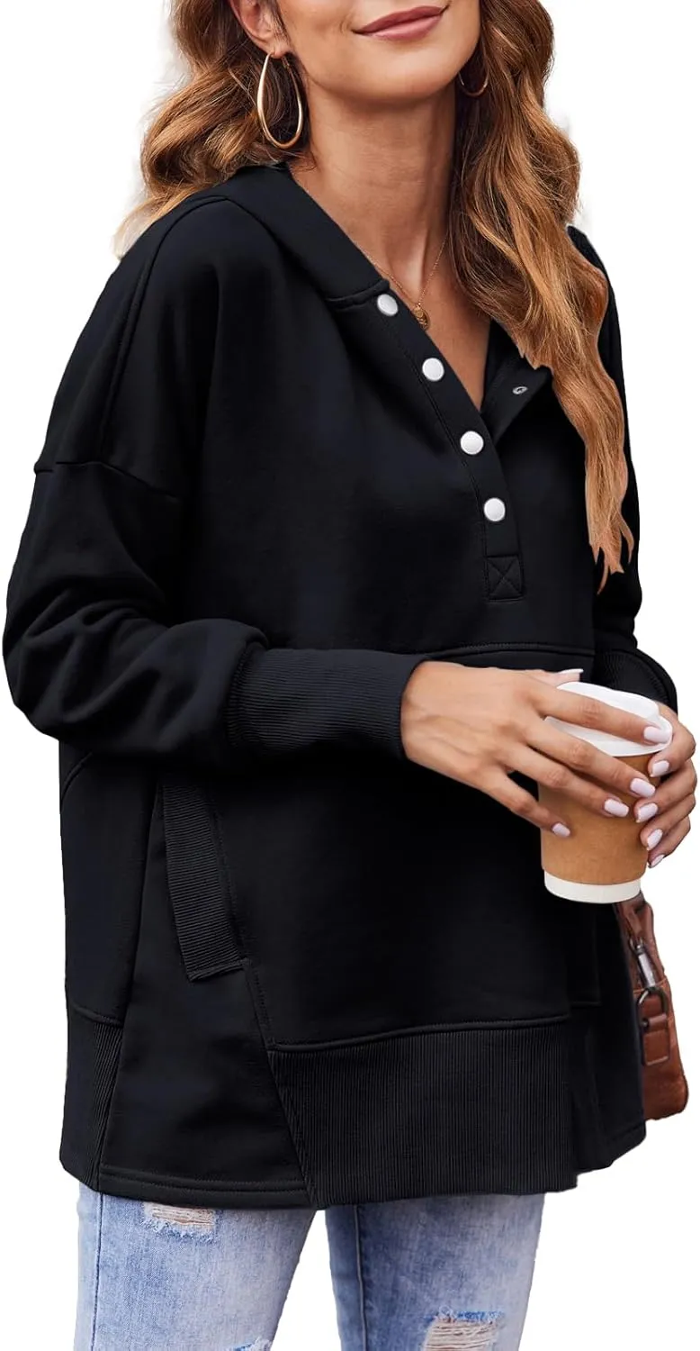 LaLaLa Women Button Down V Neck Hoodies Casual Long Sleeve Oversized Pullover Sweatshirt Hooded Tops with Pockets