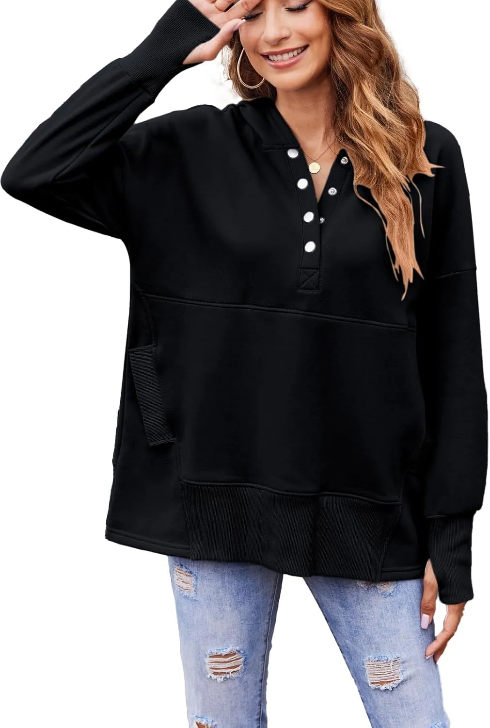 LaLaLa Women Button Down V Neck Hoodies Casual Long Sleeve Oversized Pullover Sweatshirt Hooded Tops with Pockets