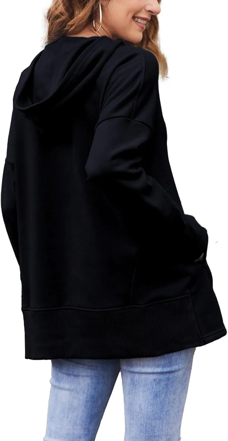 LaLaLa Women Button Down V Neck Hoodies Casual Long Sleeve Oversized Pullover Sweatshirt Hooded Tops with Pockets