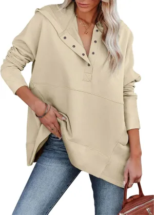 LaLaLa Women Button Down V Neck Hoodies Casual Long Sleeve Oversized Pullover Sweatshirt Hooded Tops with Pockets