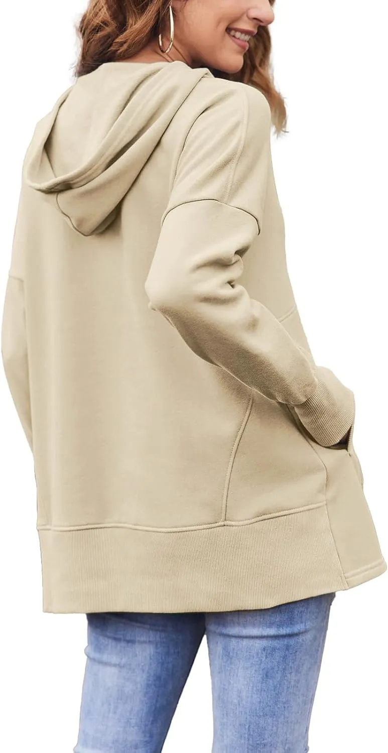 LaLaLa Women Button Down V Neck Hoodies Casual Long Sleeve Oversized Pullover Sweatshirt Hooded Tops with Pockets