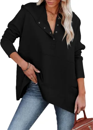 LaLaLa Women Button Down V Neck Hoodies Casual Long Sleeve Oversized Pullover Sweatshirt Hooded Tops with Pockets