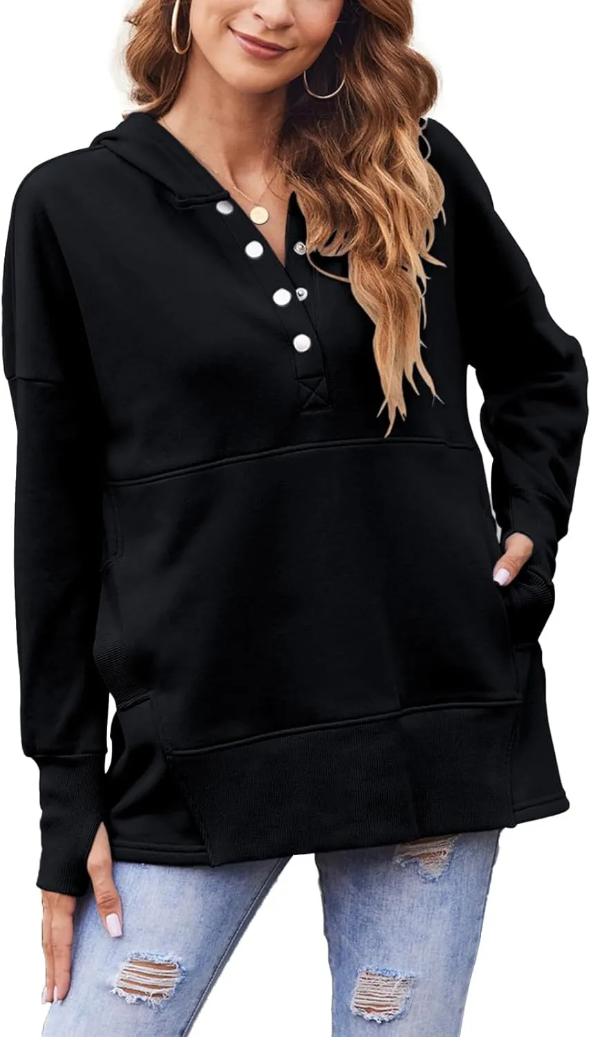 LaLaLa Women Button Down V Neck Hoodies Casual Long Sleeve Oversized Pullover Sweatshirt Hooded Tops with Pockets