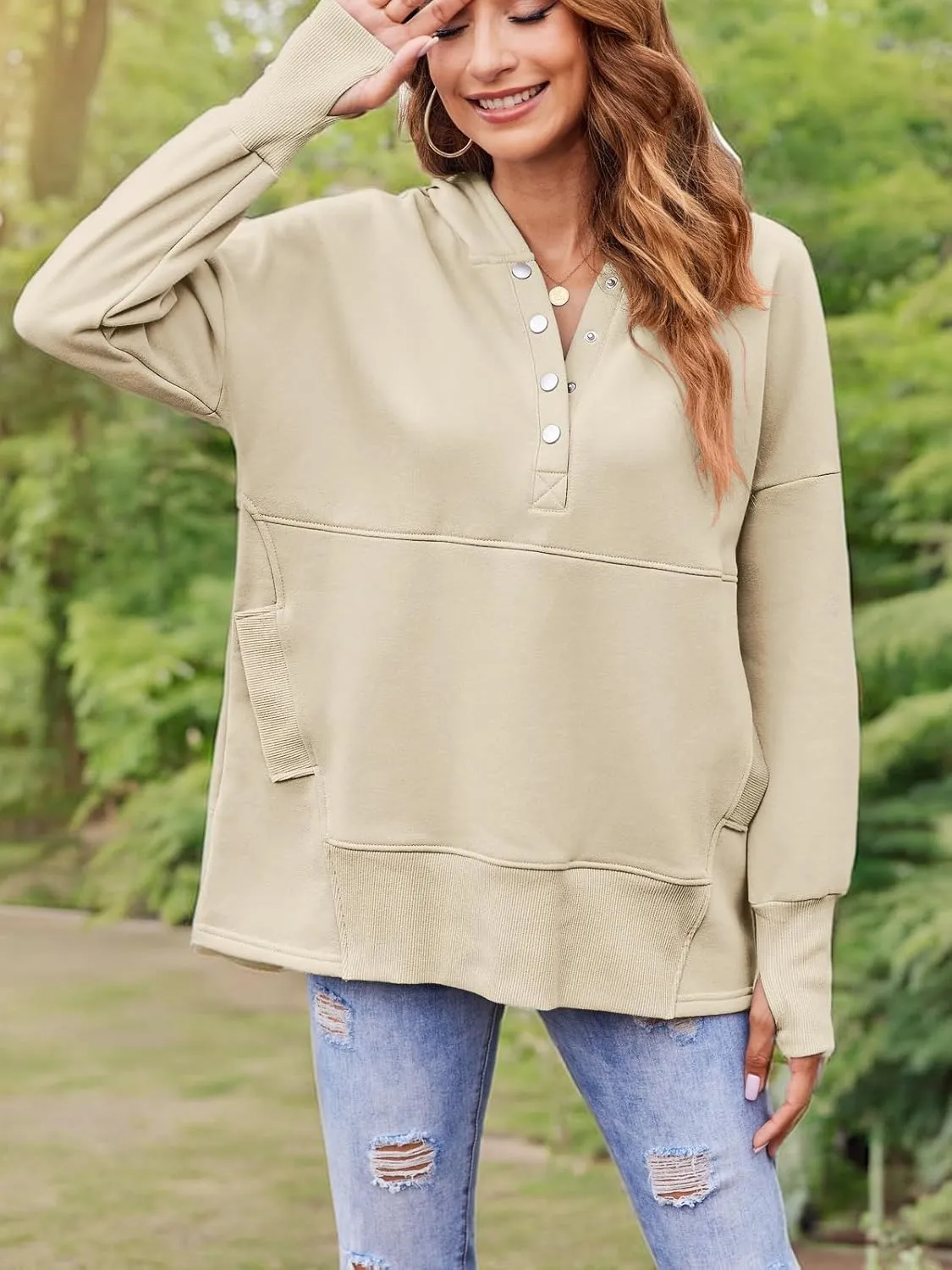 LaLaLa Women Button Down V Neck Hoodies Casual Long Sleeve Oversized Pullover Sweatshirt Hooded Tops with Pockets