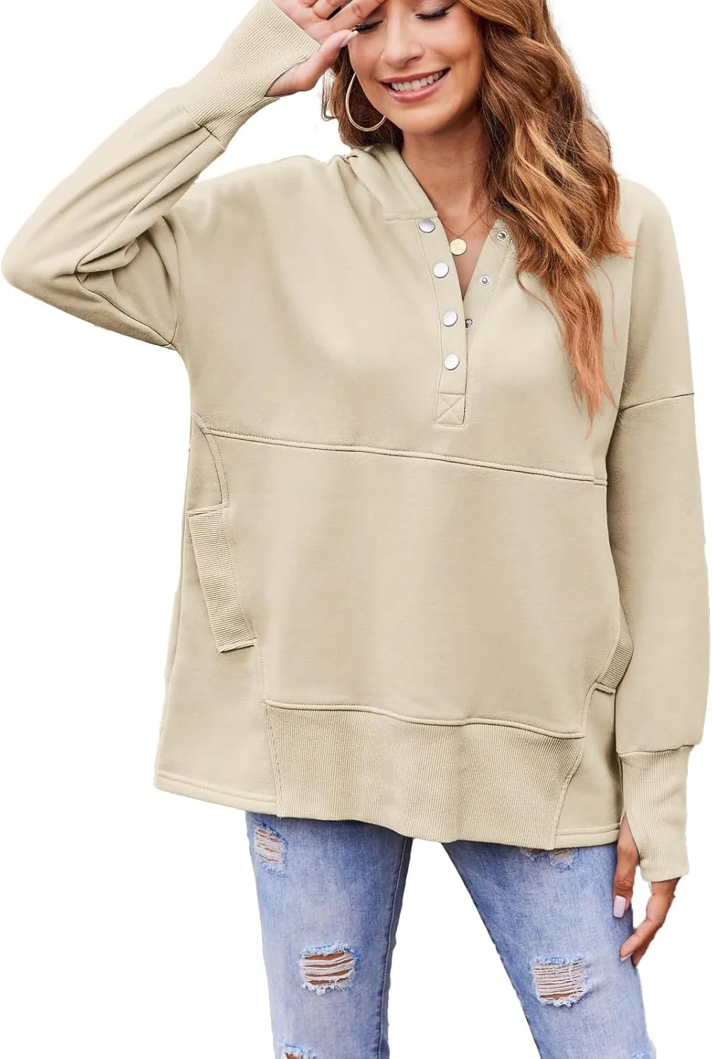LaLaLa Women Button Down V Neck Hoodies Casual Long Sleeve Oversized Pullover Sweatshirt Hooded Tops with Pockets