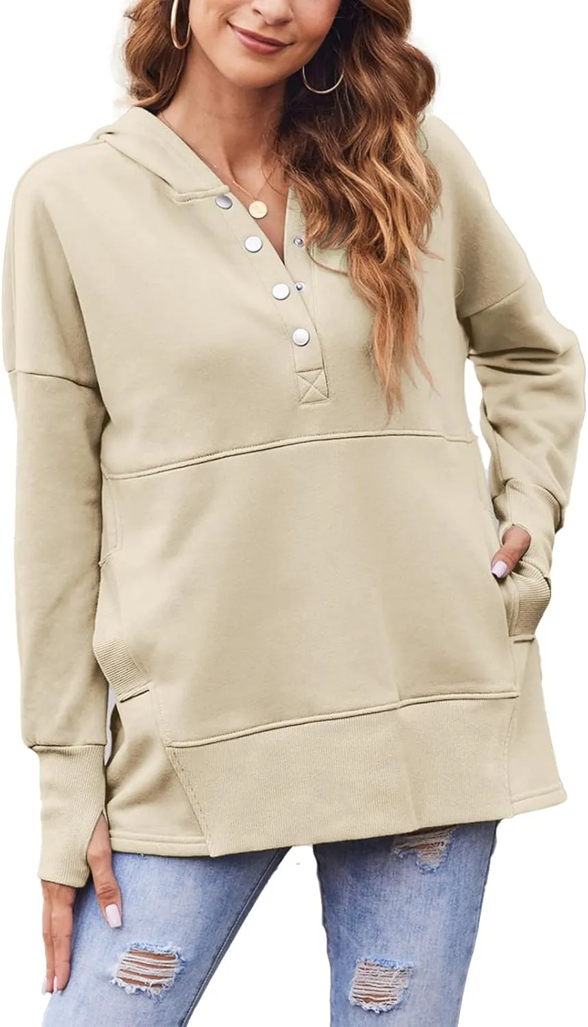 LaLaLa Women Button Down V Neck Hoodies Casual Long Sleeve Oversized Pullover Sweatshirt Hooded Tops with Pockets