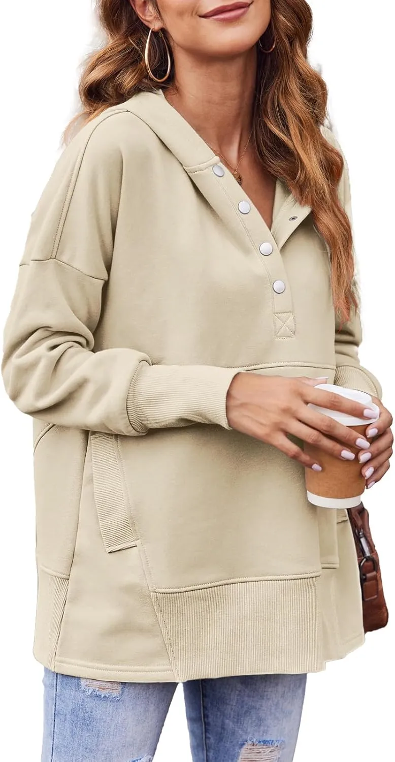 LaLaLa Women Button Down V Neck Hoodies Casual Long Sleeve Oversized Pullover Sweatshirt Hooded Tops with Pockets