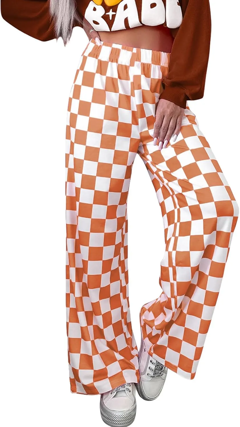 Lesore Womens Casual 2-Tone Checkered Print Pants Elastic High Waist Wide Leg Pants Lounge with Pockets