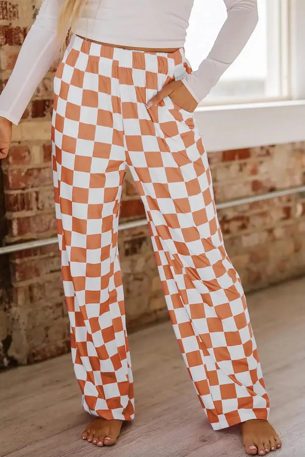 Lesore Womens Casual 2-Tone Checkered Print Pants Elastic High Waist Wide Leg Pants Lounge with Pockets