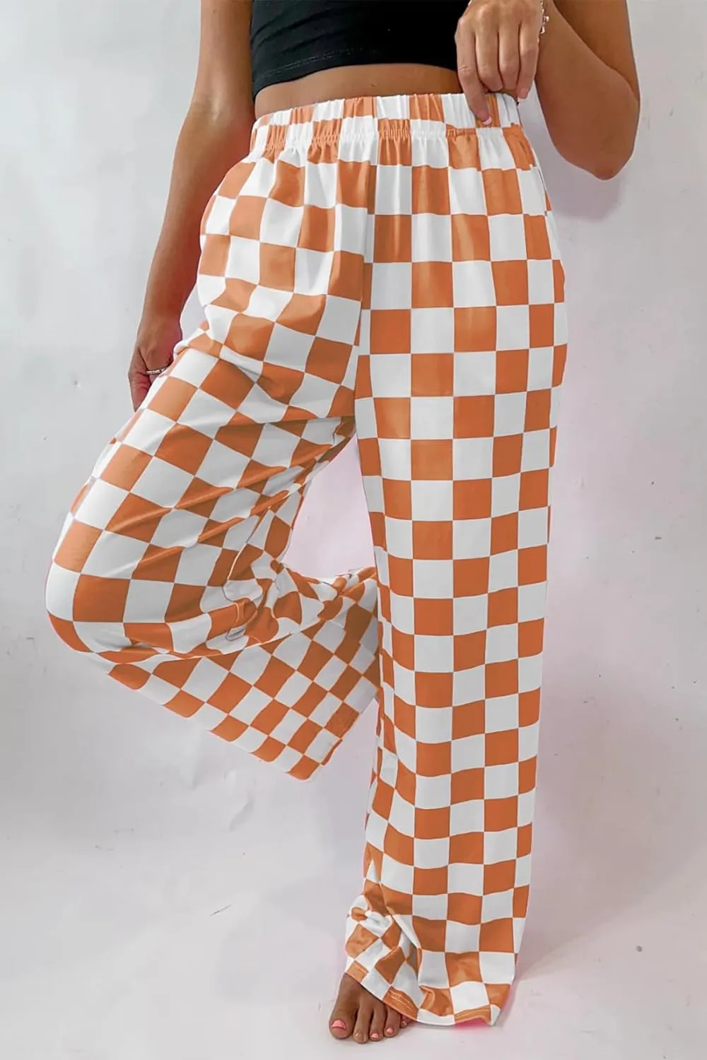 Lesore Womens Casual 2-Tone Checkered Print Pants Elastic High Waist Wide Leg Pants Lounge with Pockets