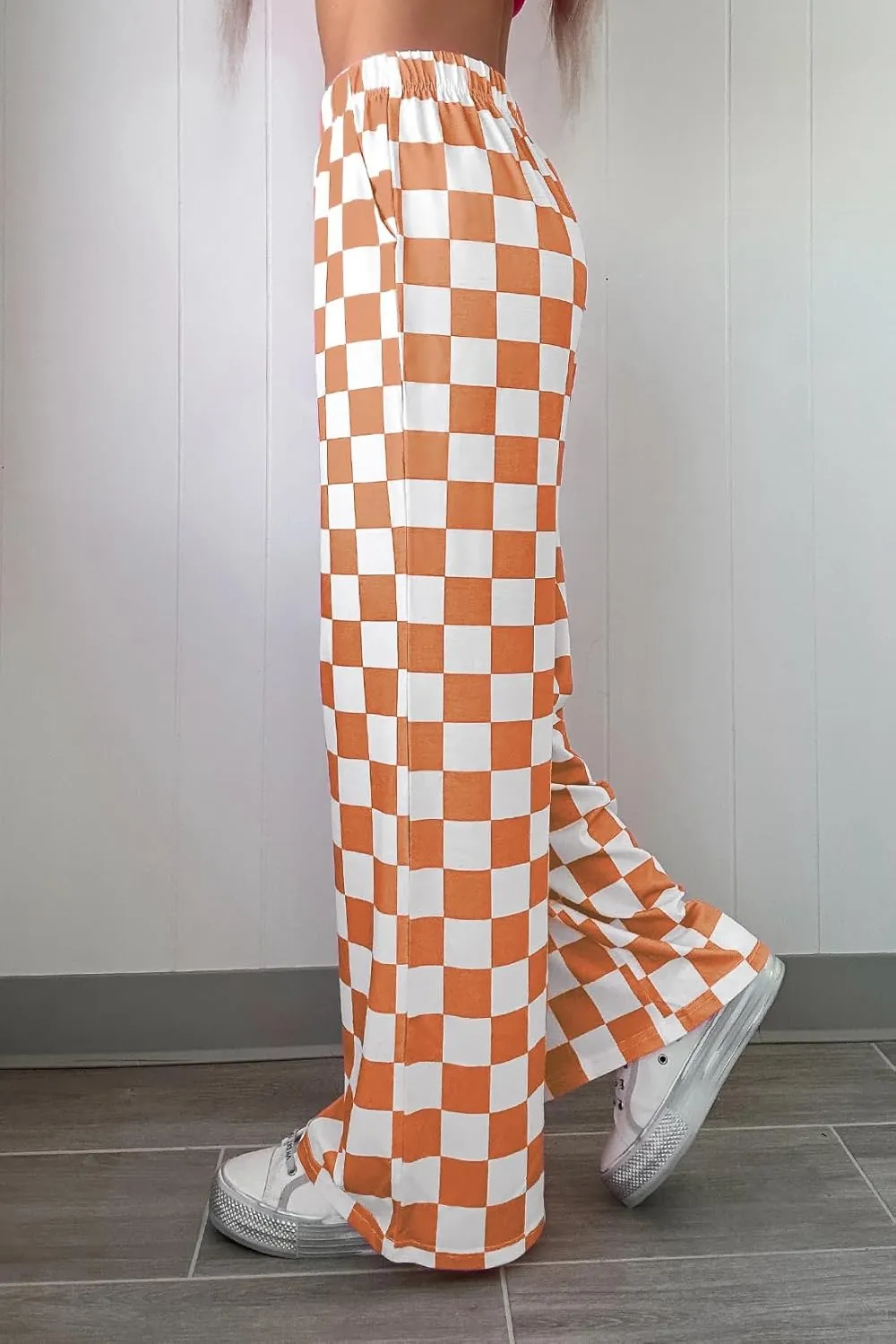 Lesore Womens Casual 2-Tone Checkered Print Pants Elastic High Waist Wide Leg Pants Lounge with Pockets