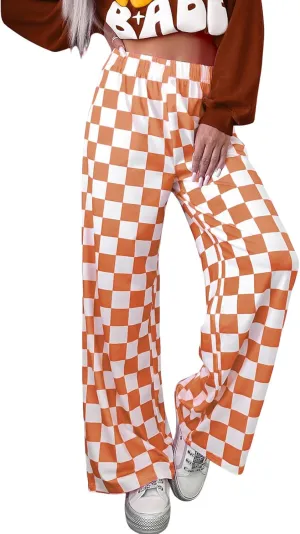 Lesore Womens Casual 2-Tone Checkered Print Pants Elastic High Waist Wide Leg Pants Lounge with Pockets