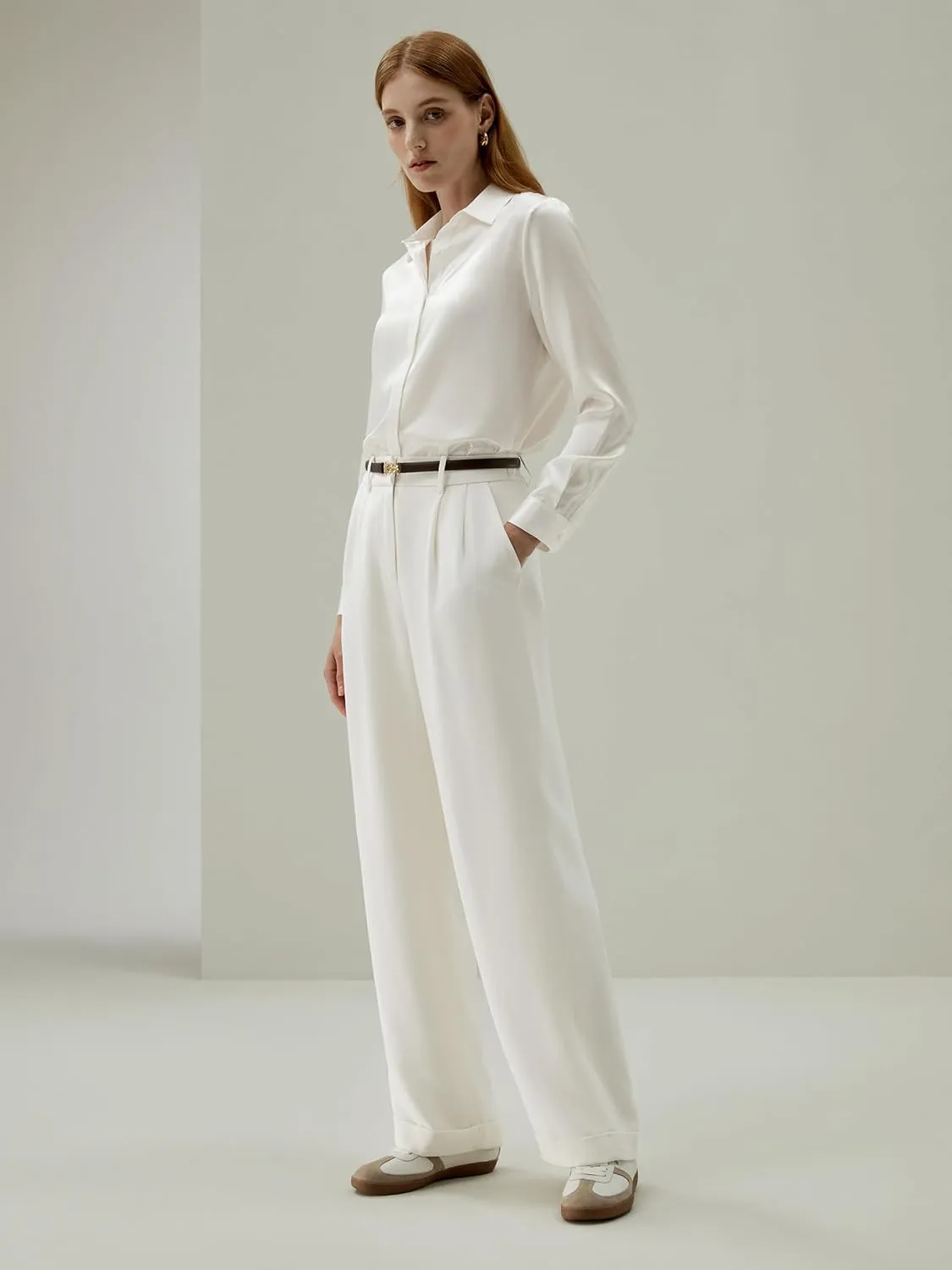 LilySilk The Flos Pants Full Length Boyish Style Wide Leg Bkazers Pants Vintage Style Trousers for Women