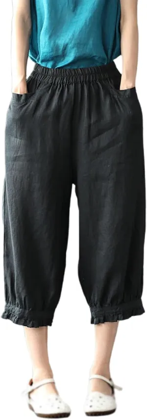 Linen Pants for Women Elastic High Waist Casual Solid Loose Pant Ruffle Cropped Summer Pant 3/4 Trousers with Pockets