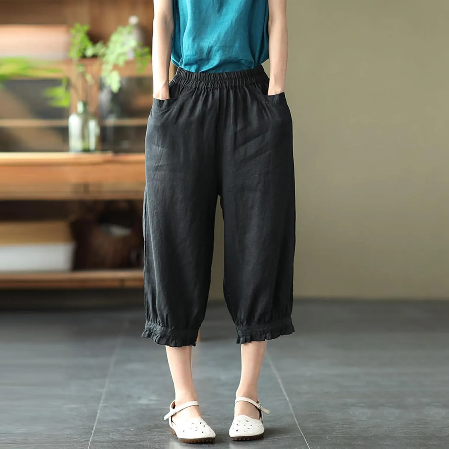 Linen Pants for Women Elastic High Waist Casual Solid Loose Pant Ruffle Cropped Summer Pant 3/4 Trousers with Pockets