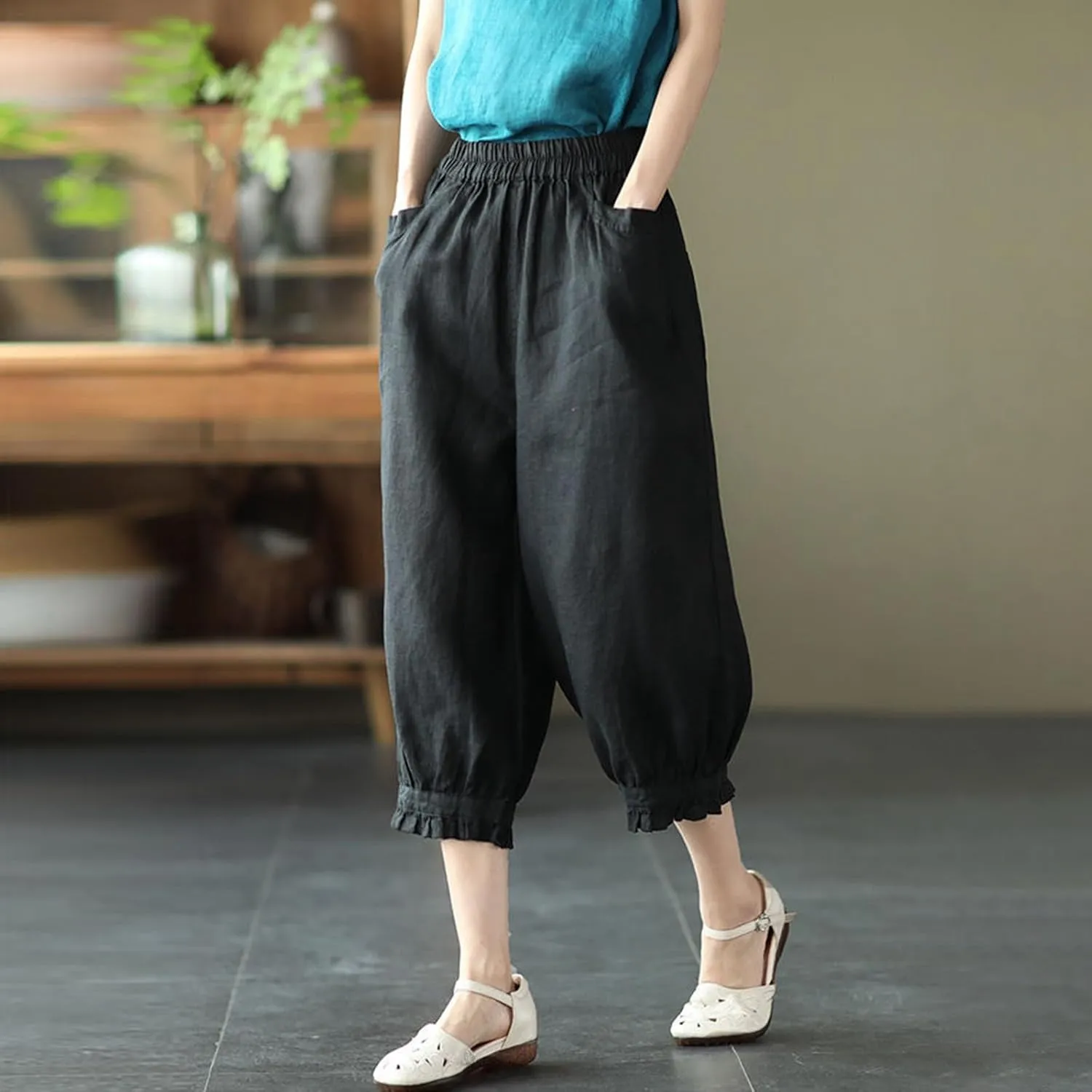 Linen Pants for Women Elastic High Waist Casual Solid Loose Pant Ruffle Cropped Summer Pant 3/4 Trousers with Pockets