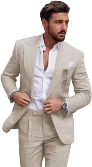 Linen Suit for Men 2 Pieces Slim Fit Casual Suits Groomsmen Tuxedos Wedding Party Blazer Pants Set