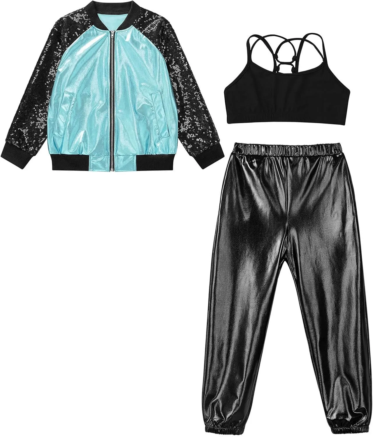 Linjinx Kids Girls 3Pcs Dance Tracksuit Crop Top High Waist Pants Sequins Long Sleeve Metallic Jacket Performance Set
