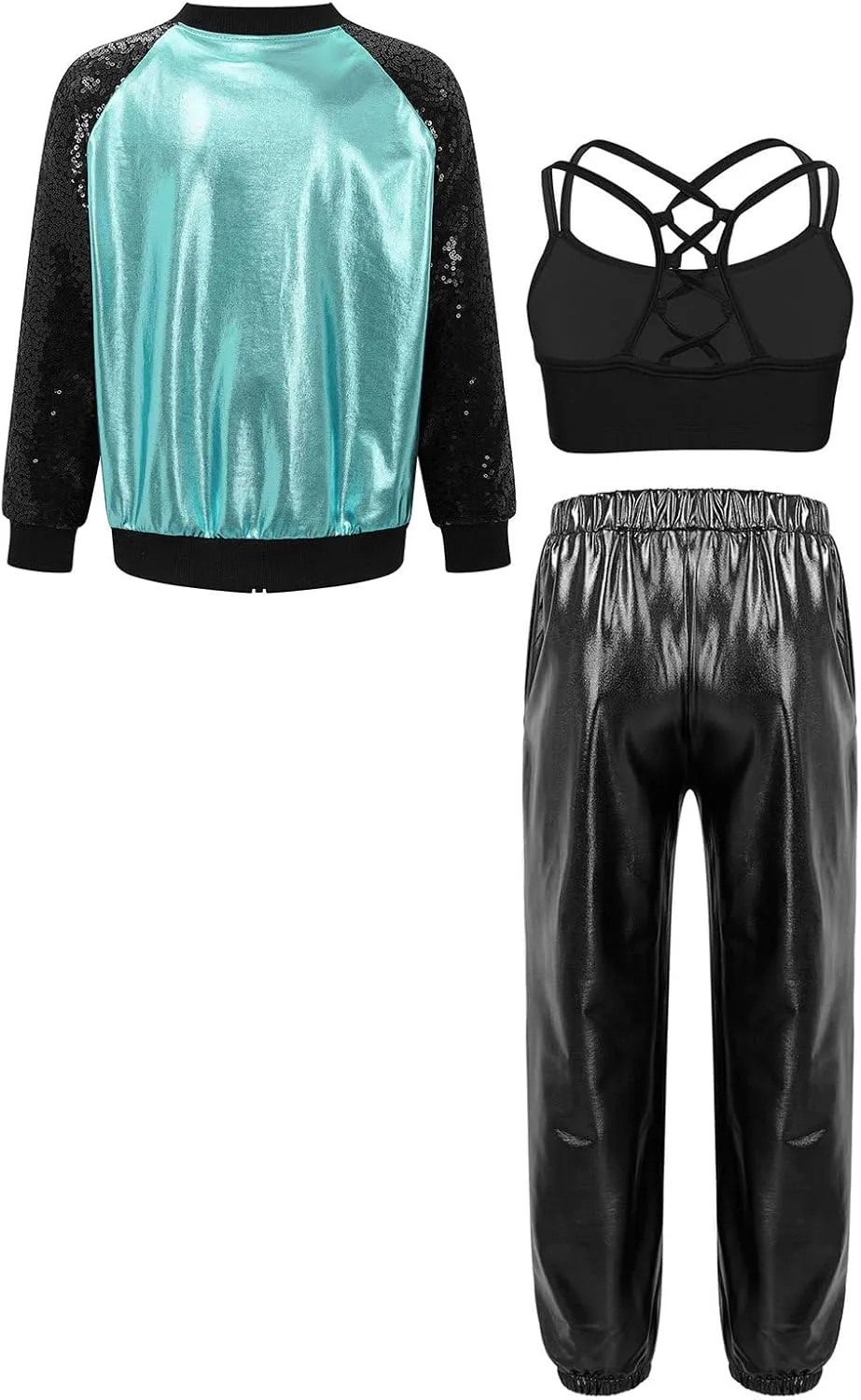 Linjinx Kids Girls 3Pcs Dance Tracksuit Crop Top High Waist Pants Sequins Long Sleeve Metallic Jacket Performance Set