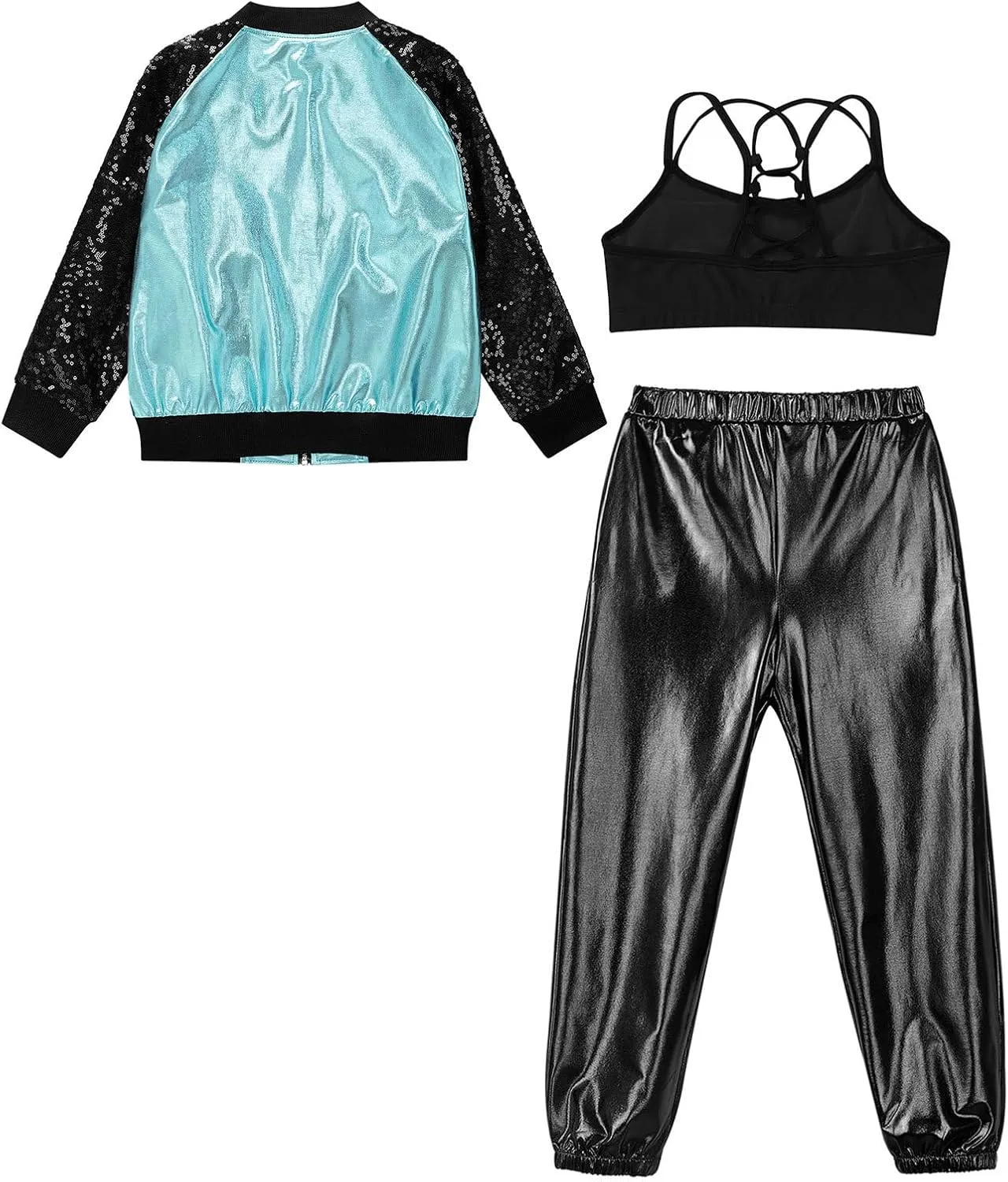 Linjinx Kids Girls 3Pcs Dance Tracksuit Crop Top High Waist Pants Sequins Long Sleeve Metallic Jacket Performance Set