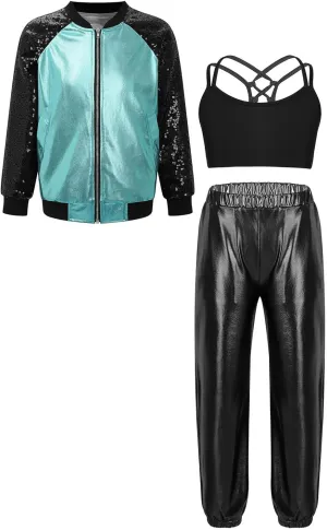 Linjinx Kids Girls 3Pcs Dance Tracksuit Crop Top High Waist Pants Sequins Long Sleeve Metallic Jacket Performance Set