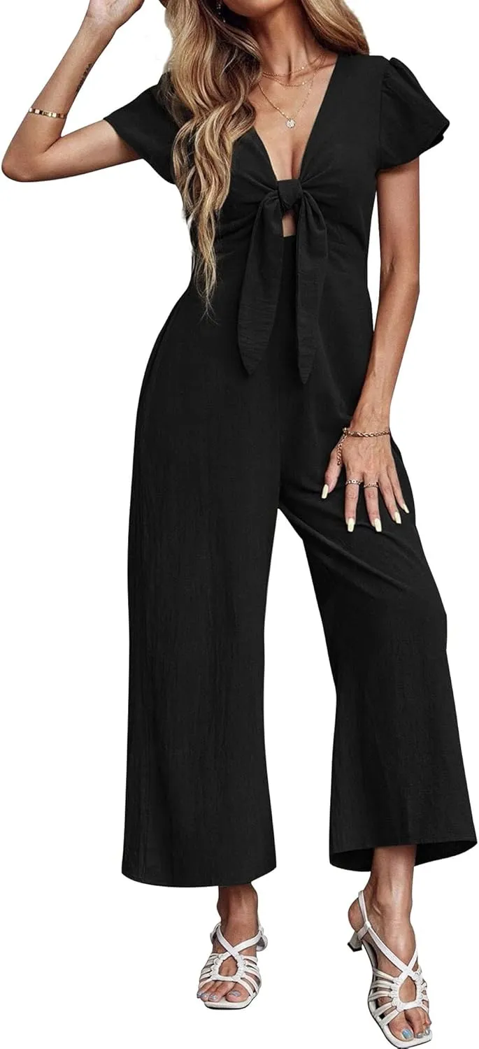 loveimgs Women's Short Sleeve Wrinkled Ice Silk Wide Leg Jumpsuit Tie Knot Cropped Palazzo Pants Romper