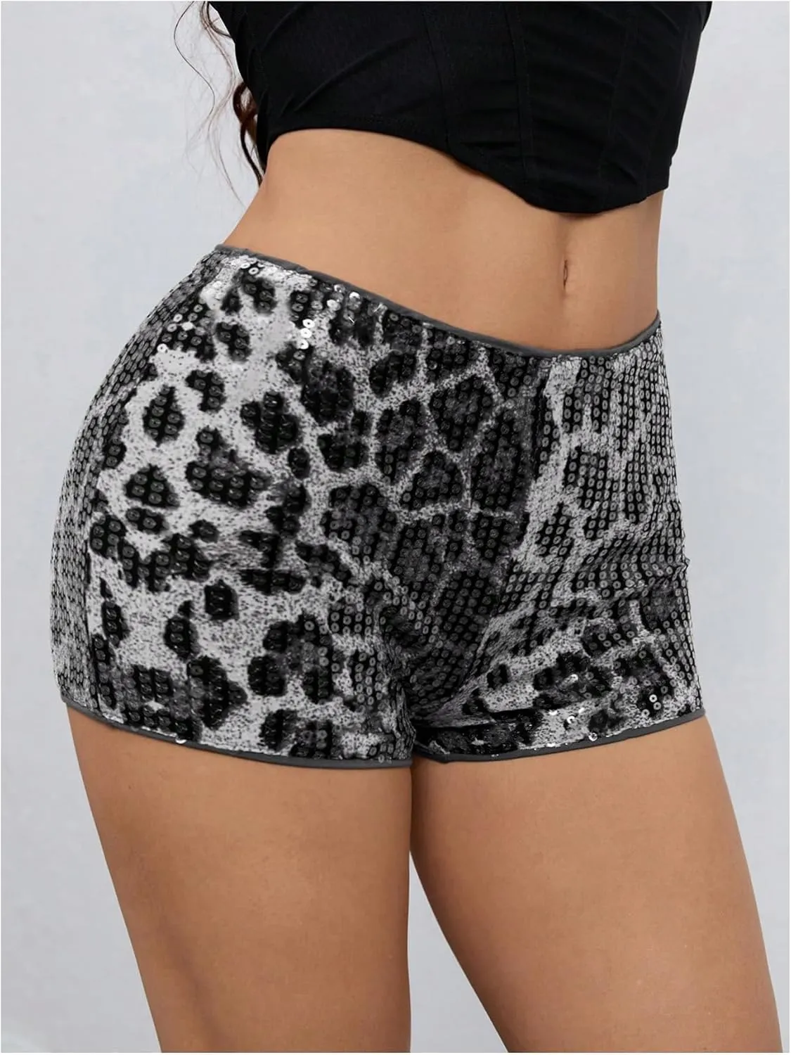 MakeMeChic Women's Leopard Print Hot Pants Sequin Glitter Skinny Party Y2k Shorts Clubwear