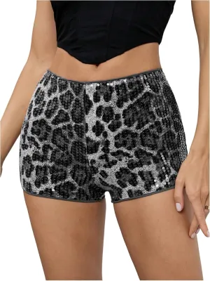 MakeMeChic Women's Leopard Print Hot Pants Sequin Glitter Skinny Party Y2k Shorts Clubwear