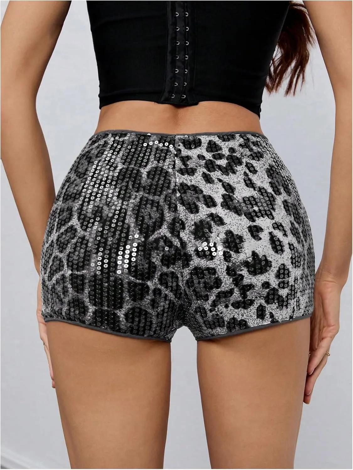 MakeMeChic Women's Leopard Print Hot Pants Sequin Glitter Skinny Party Y2k Shorts Clubwear
