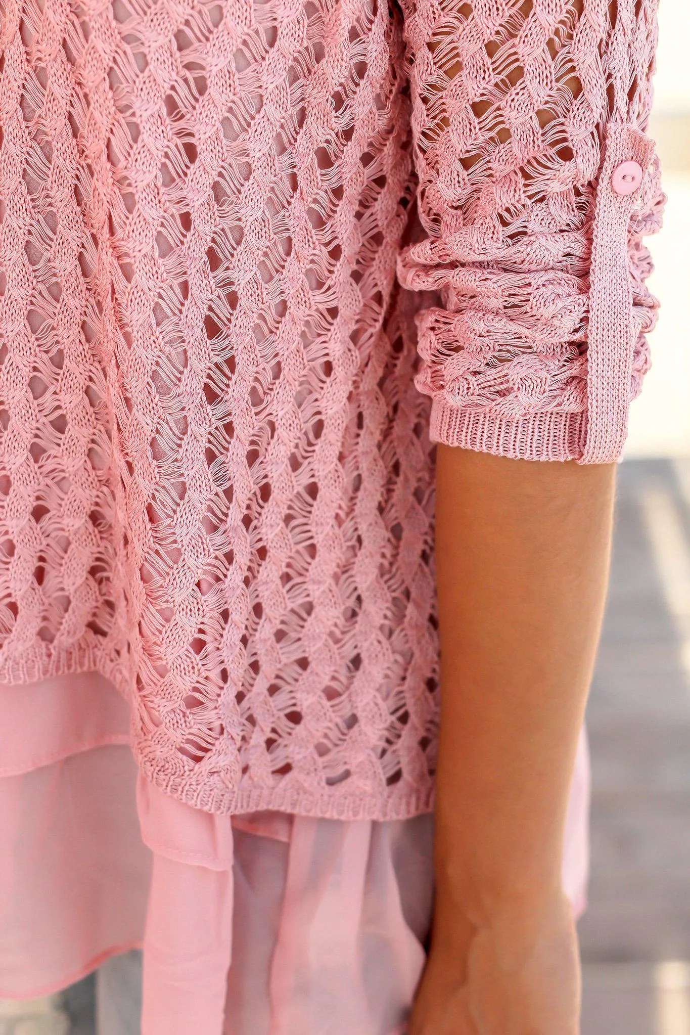 Mauve Crochet Sweater with Ruffled Hem
