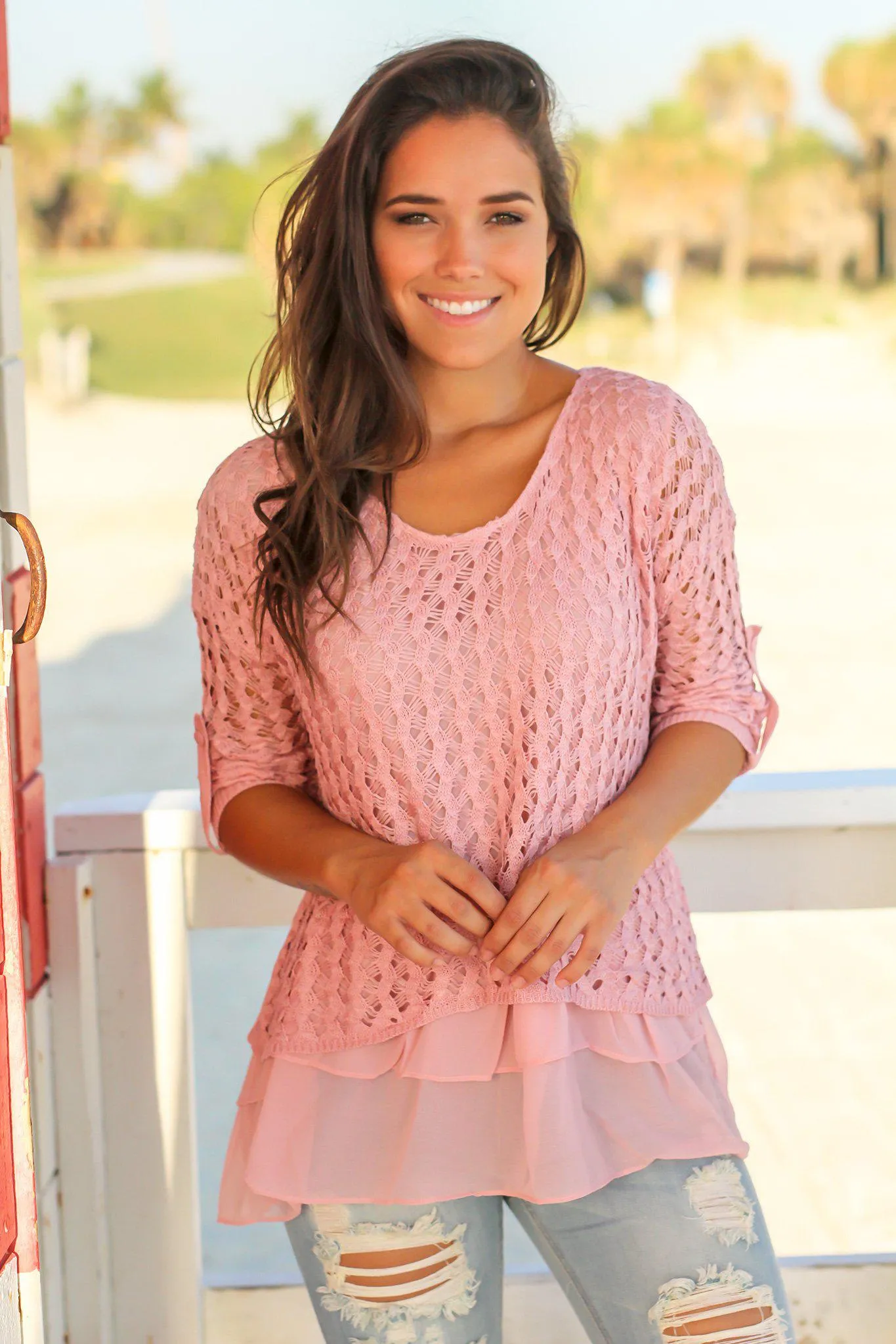 Mauve Crochet Sweater with Ruffled Hem