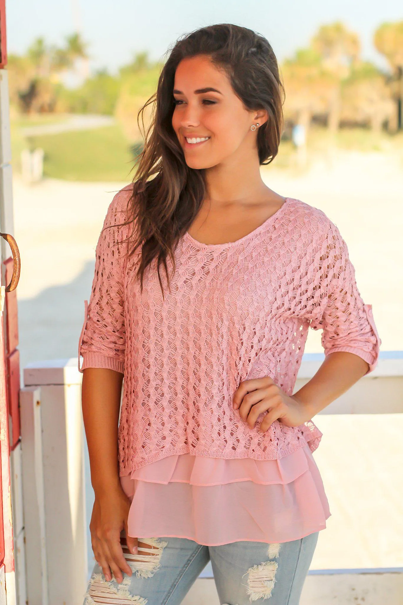Mauve Crochet Sweater with Ruffled Hem