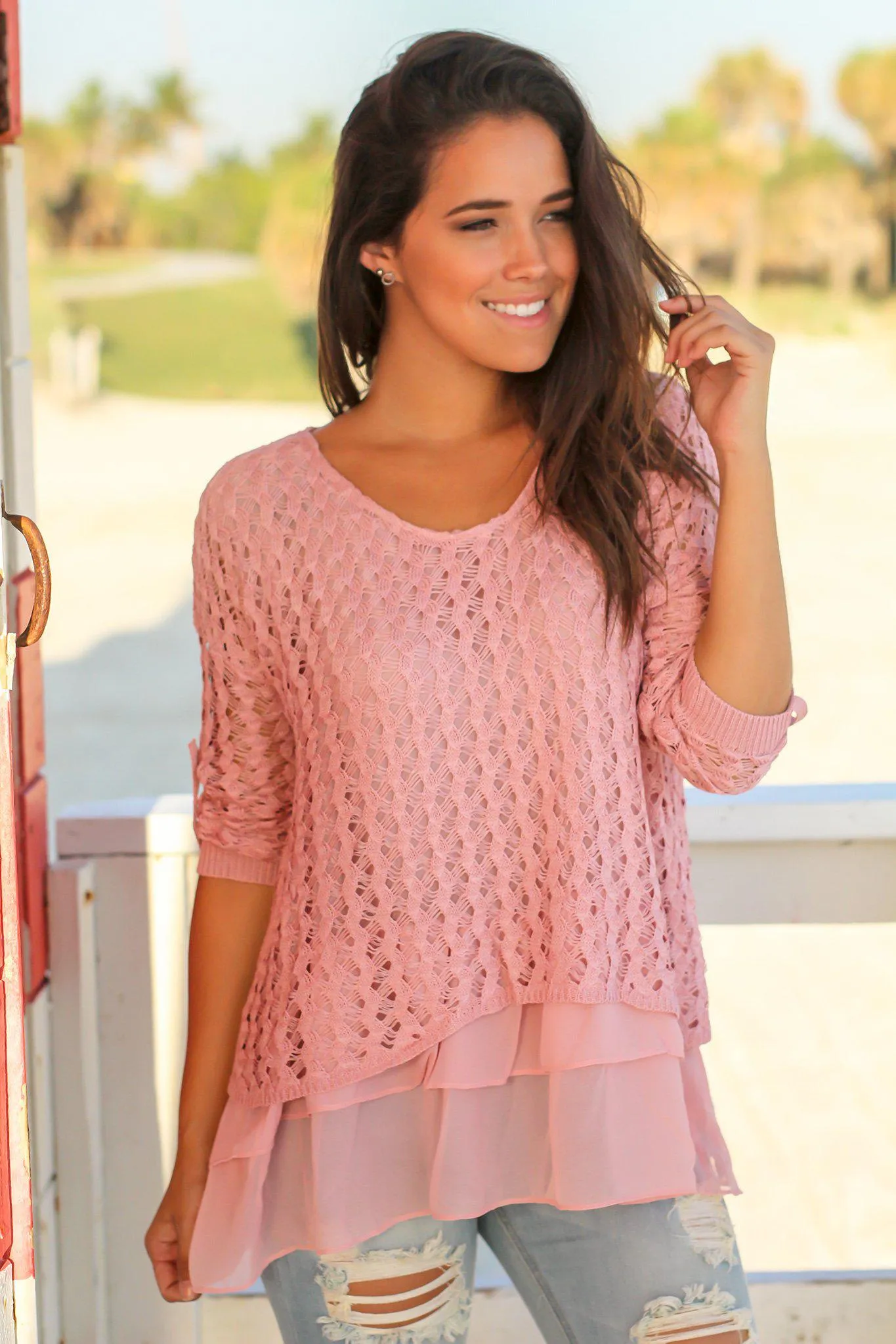 Mauve Crochet Sweater with Ruffled Hem