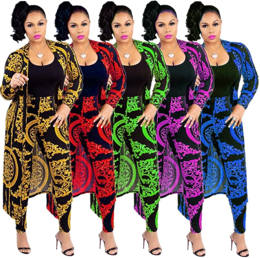 Max2co Women 2 Piece Outfits Floral Long Sleeves Open Front Cardigan Cover up with Leggings High Waist Long Pants Set