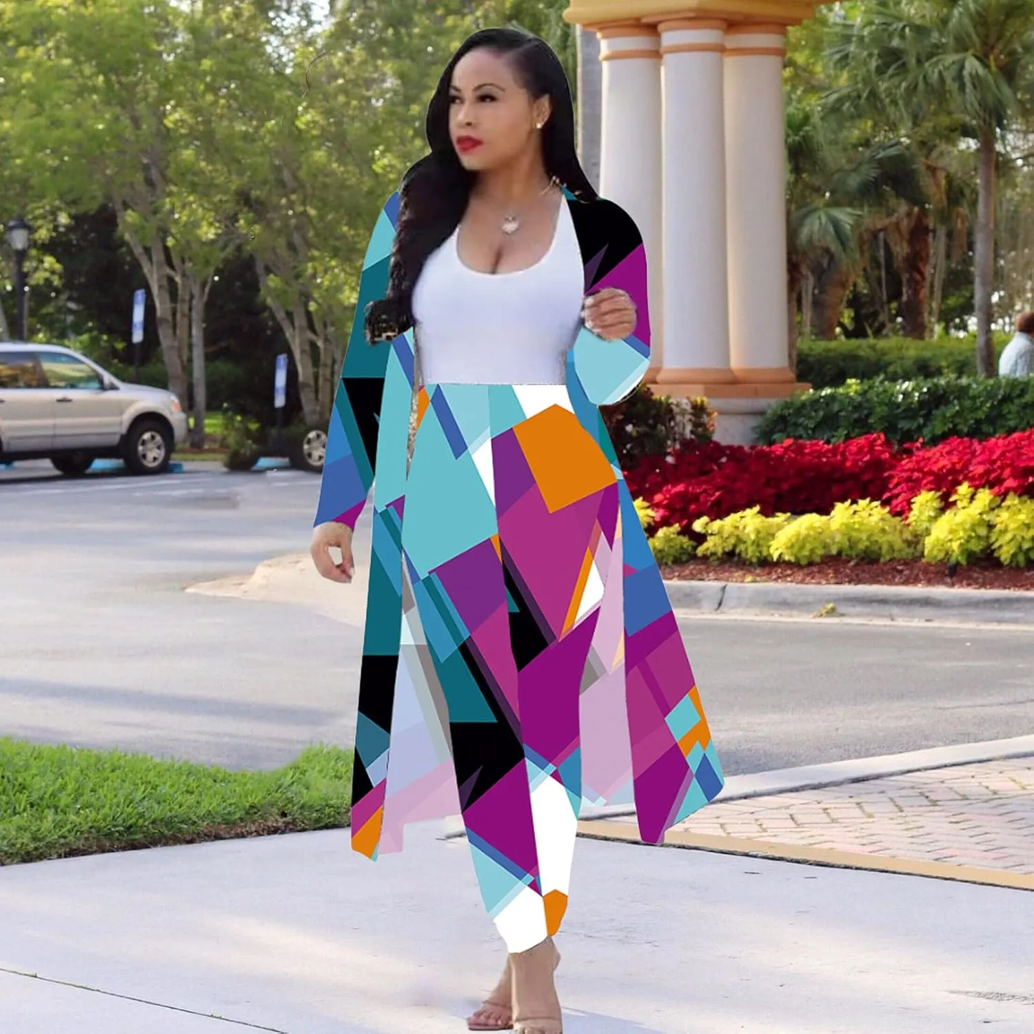 Max2co Women 2 Piece Outfits Floral Long Sleeves Open Front Cardigan Cover up with Leggings High Waist Long Pants Set