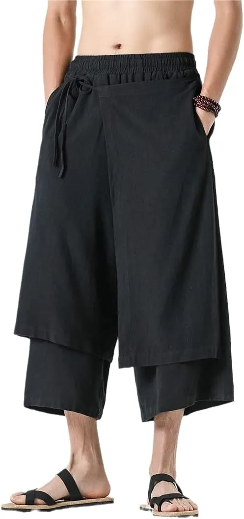 Men Casual Withe Wide Leg Pants Irregular Linen Harem Pants Solid Vintage Skirts Trousers