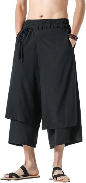Men Casual Withe Wide Leg Pants Irregular Linen Harem Pants Solid Vintage Skirts Trousers